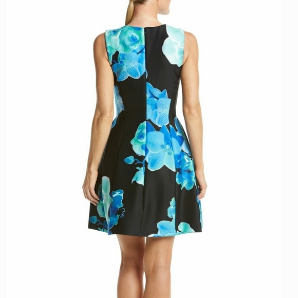 Calvin Klein Blue Floral Print Black Scuba Dress Sleeveless Fit n Flare sz 6 8 - Picture 2 of 16